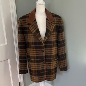 Vintage Equestrian Plaid Hunt Jacket Coat Leather Collar Wool Size Large